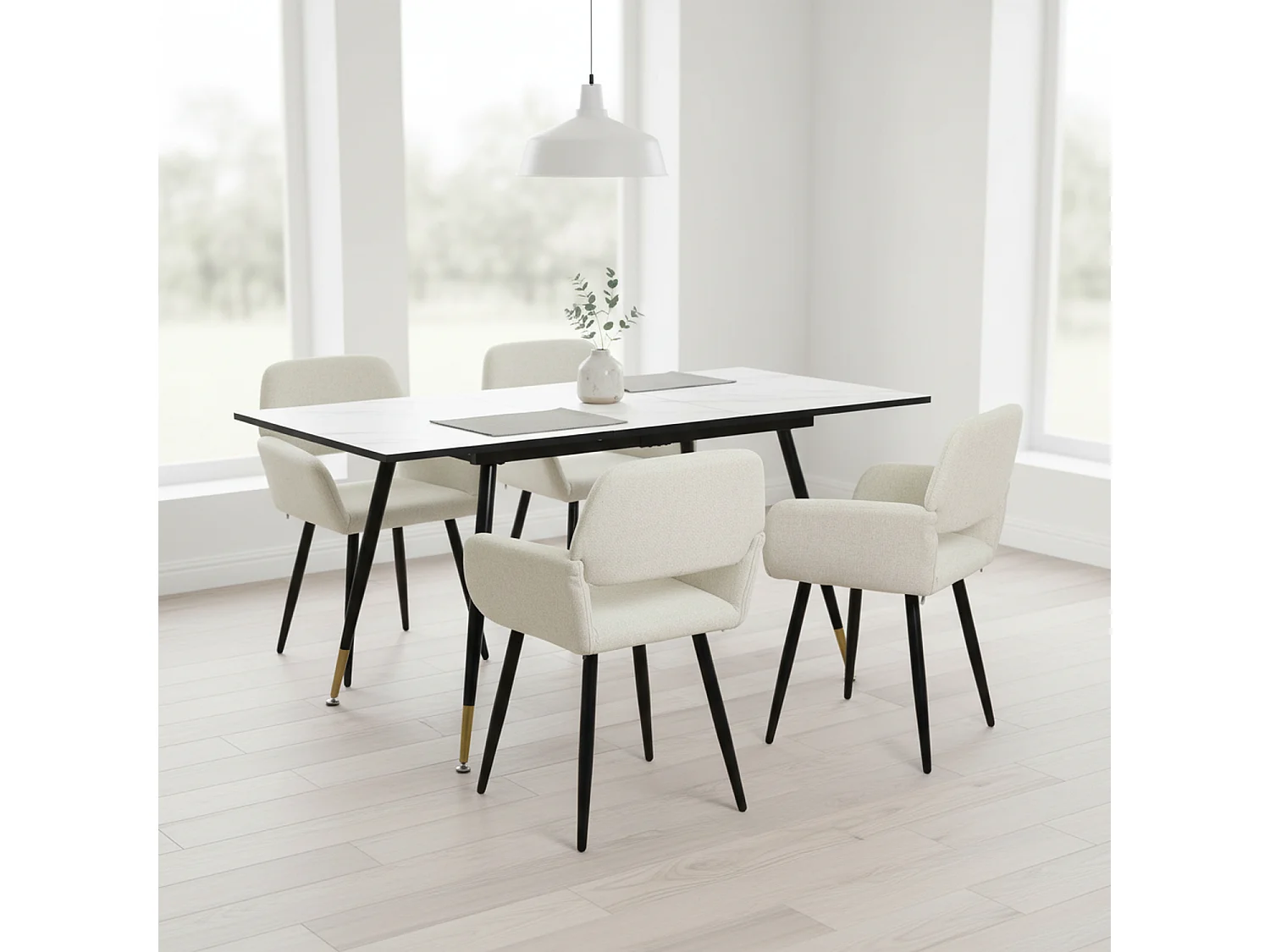 URBAN MEUBLE Ensemble table effet marbre blanc et 4 chaises beige à accoudoirs