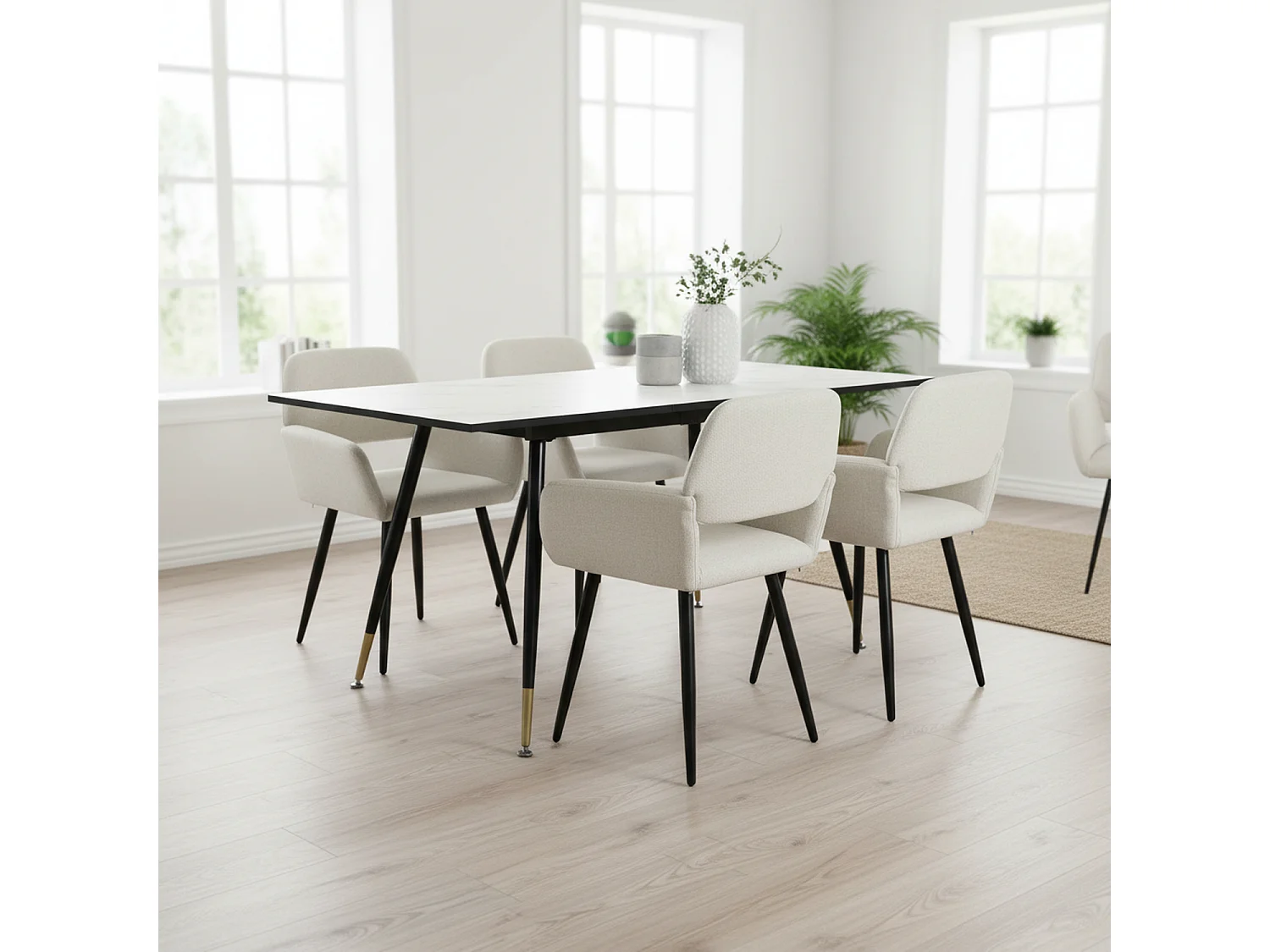 URBAN MEUBLE Ensemble table effet marbre blanc et 4 chaises beige à accoudoirs