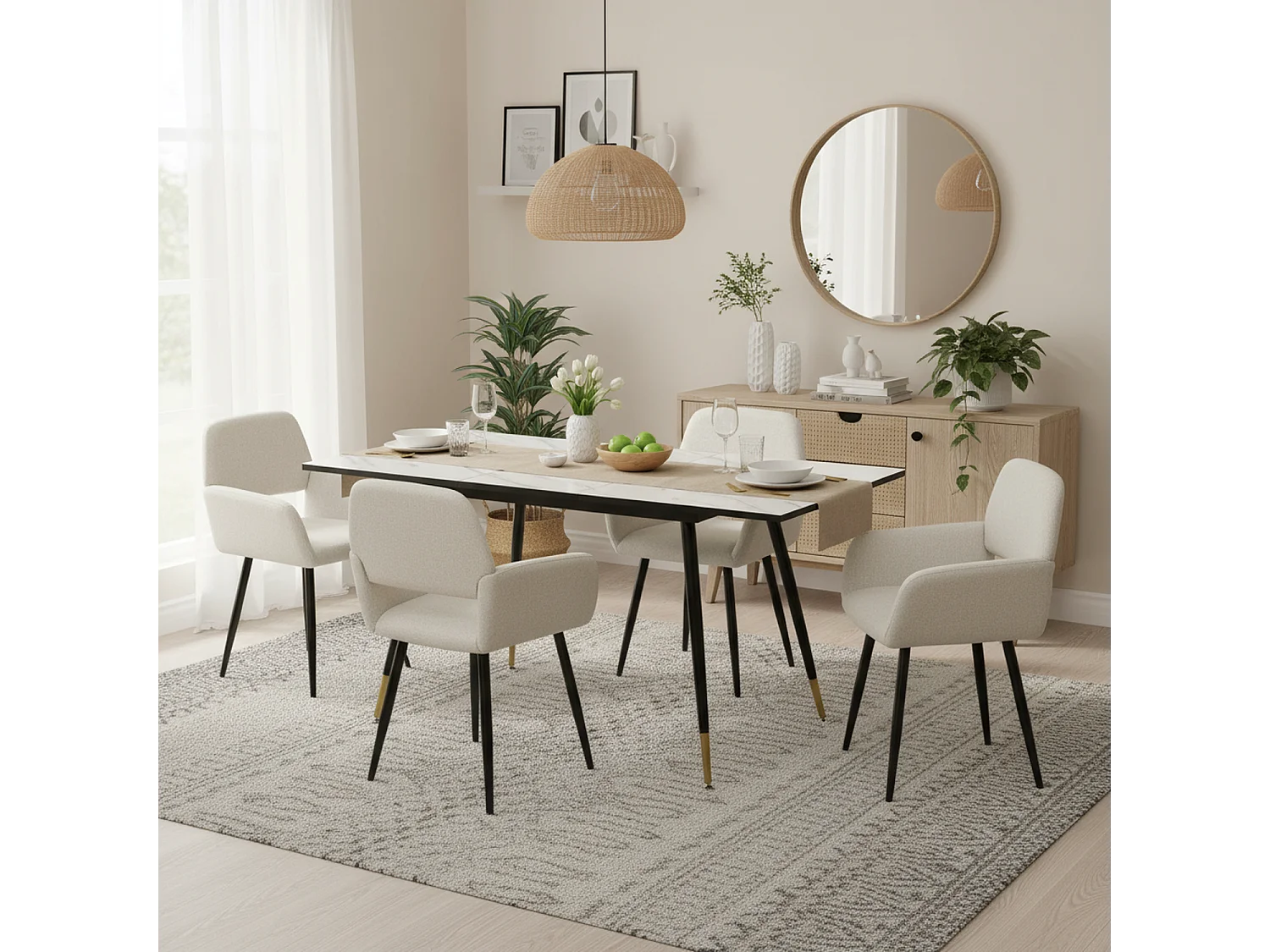 URBAN MEUBLE Ensemble table effet marbre blanc et 4 chaises beige à accoudoirs