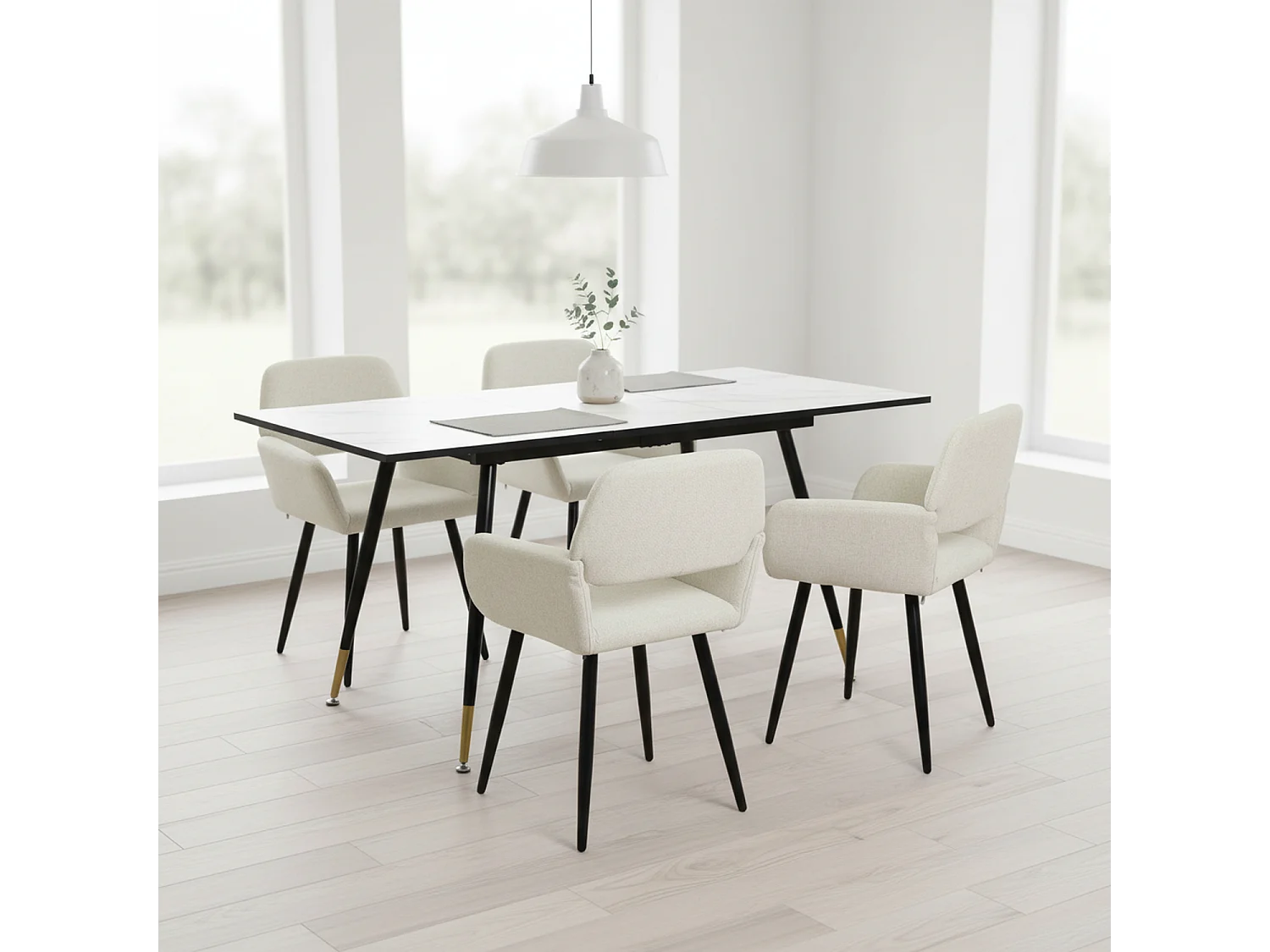 URBAN MEUBLE Ensemble table effet marbre blanc et 4 chaises beige à accoudoirs