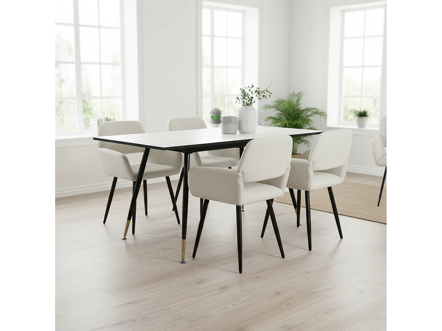 URBAN MEUBLE Ensemble table effet marbre blanc et 4 chaises beige à accoudoirs