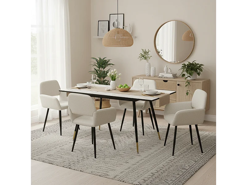 URBAN MEUBLE Ensemble table effet marbre blanc et 4 chaises beige à accoudoirs