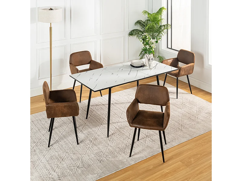 URBAN MEUBLE Ensemble table marbre blanc extensible et 4 chaises suède brun avec accoudoirs