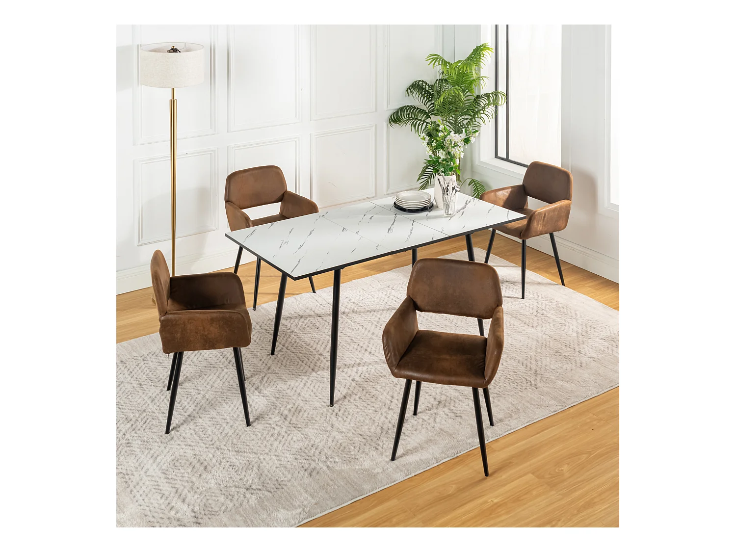 URBAN MEUBLE Ensemble table marbre blanc extensible et 4 chaises suède brun avec accoudoirs