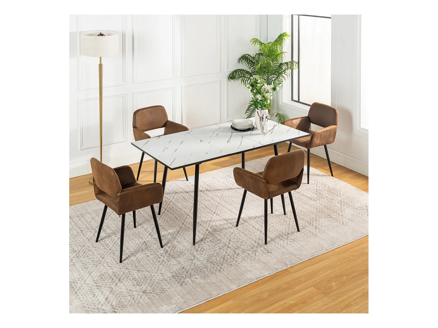 URBAN MEUBLE Ensemble table marbre blanc extensible et 4 chaises suède brun avec accoudoirs