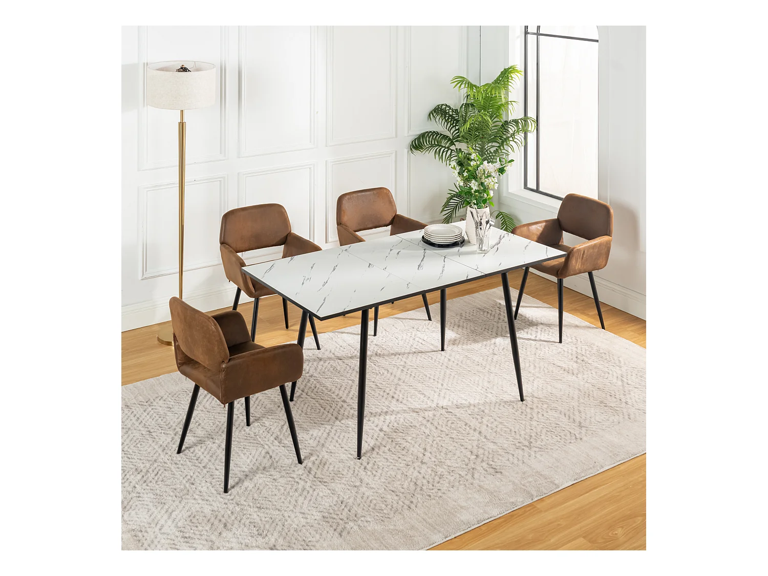 URBAN MEUBLE Ensemble table marbre blanc extensible et 4 chaises suède brun avec accoudoirs