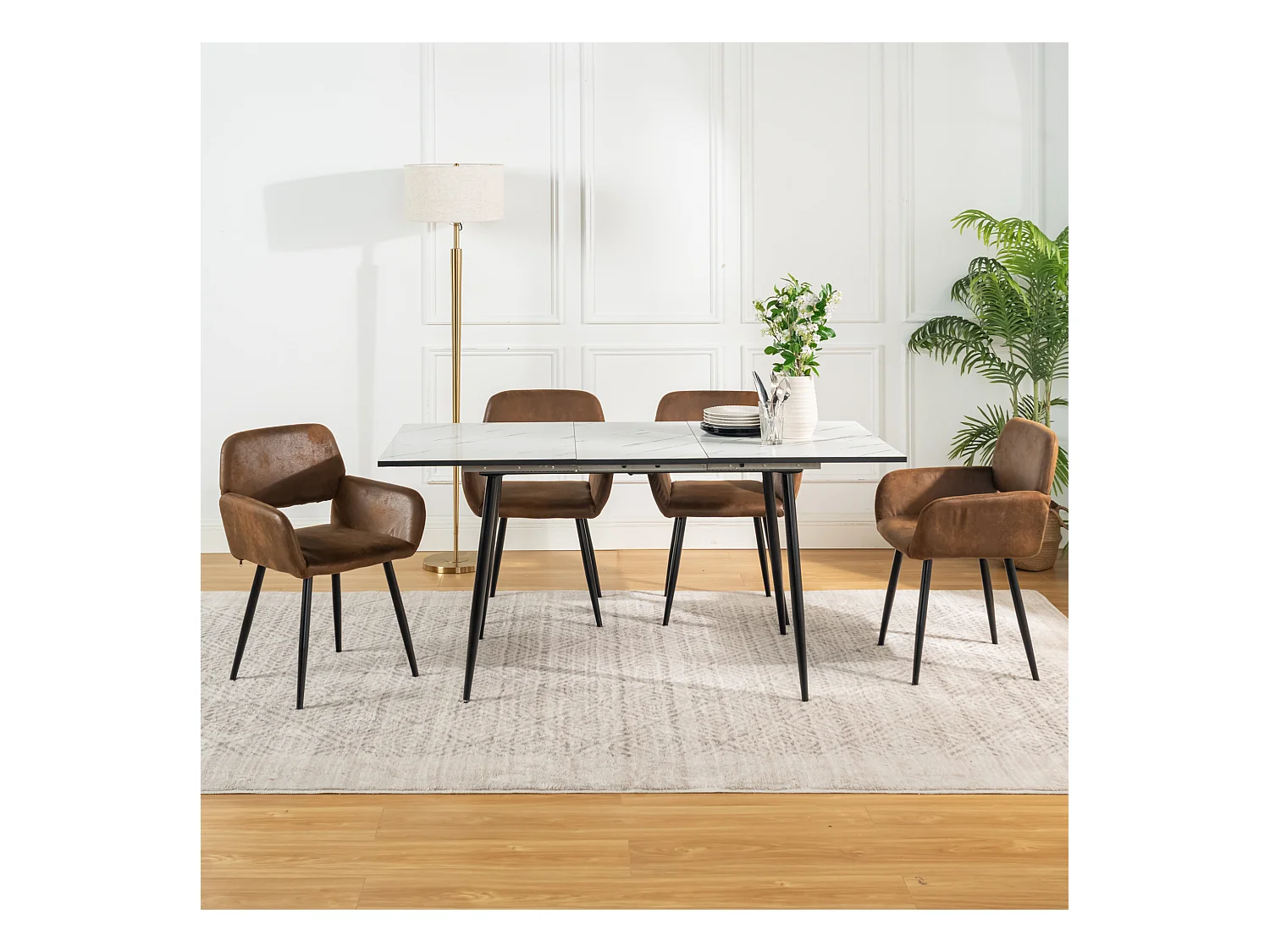 URBAN MEUBLE Ensemble table marbre blanc extensible et 4 chaises suède brun avec accoudoirs