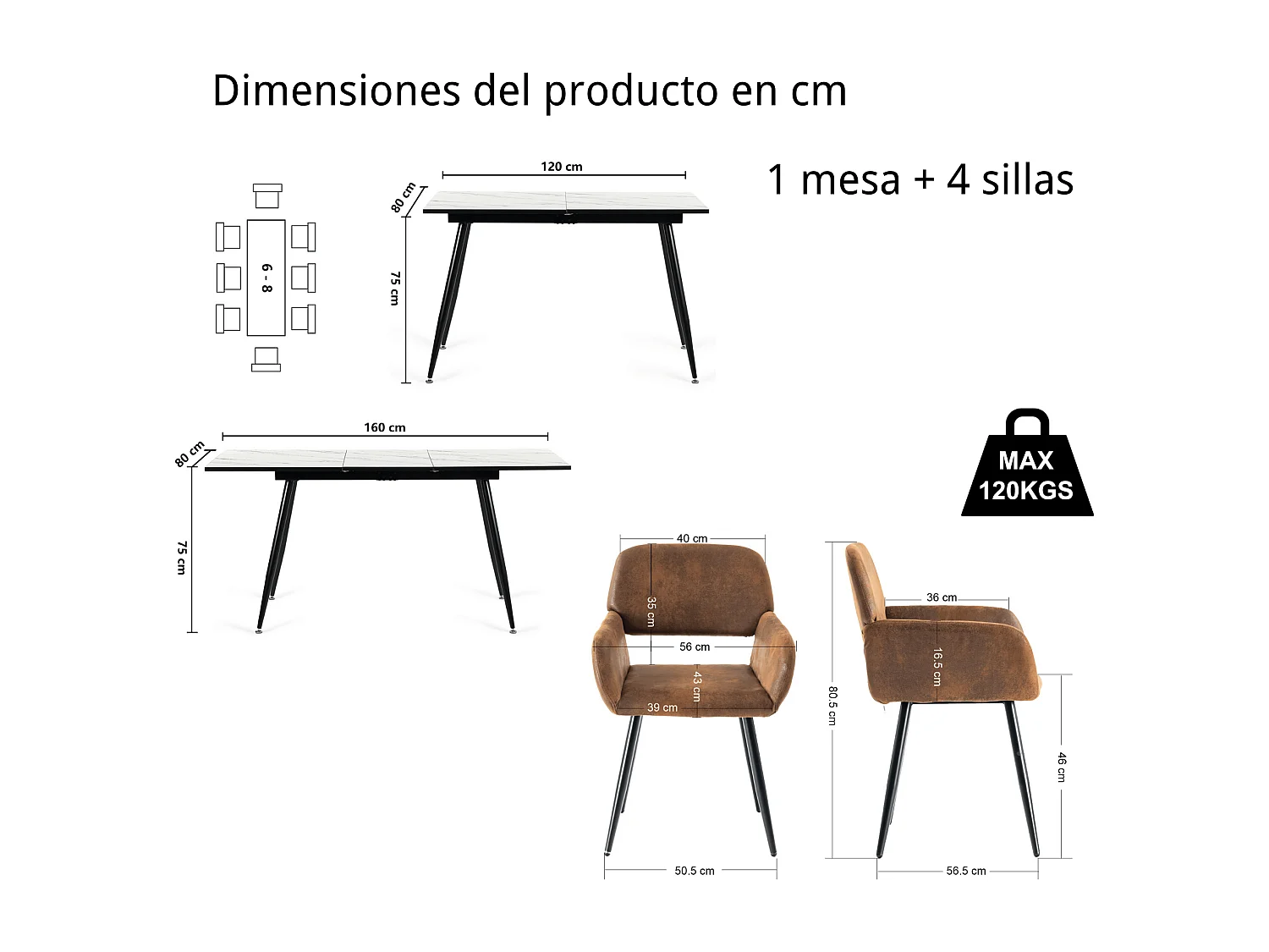 URBAN MEUBLE Ensemble table marbre blanc extensible et 4 chaises suède brun avec accoudoirs