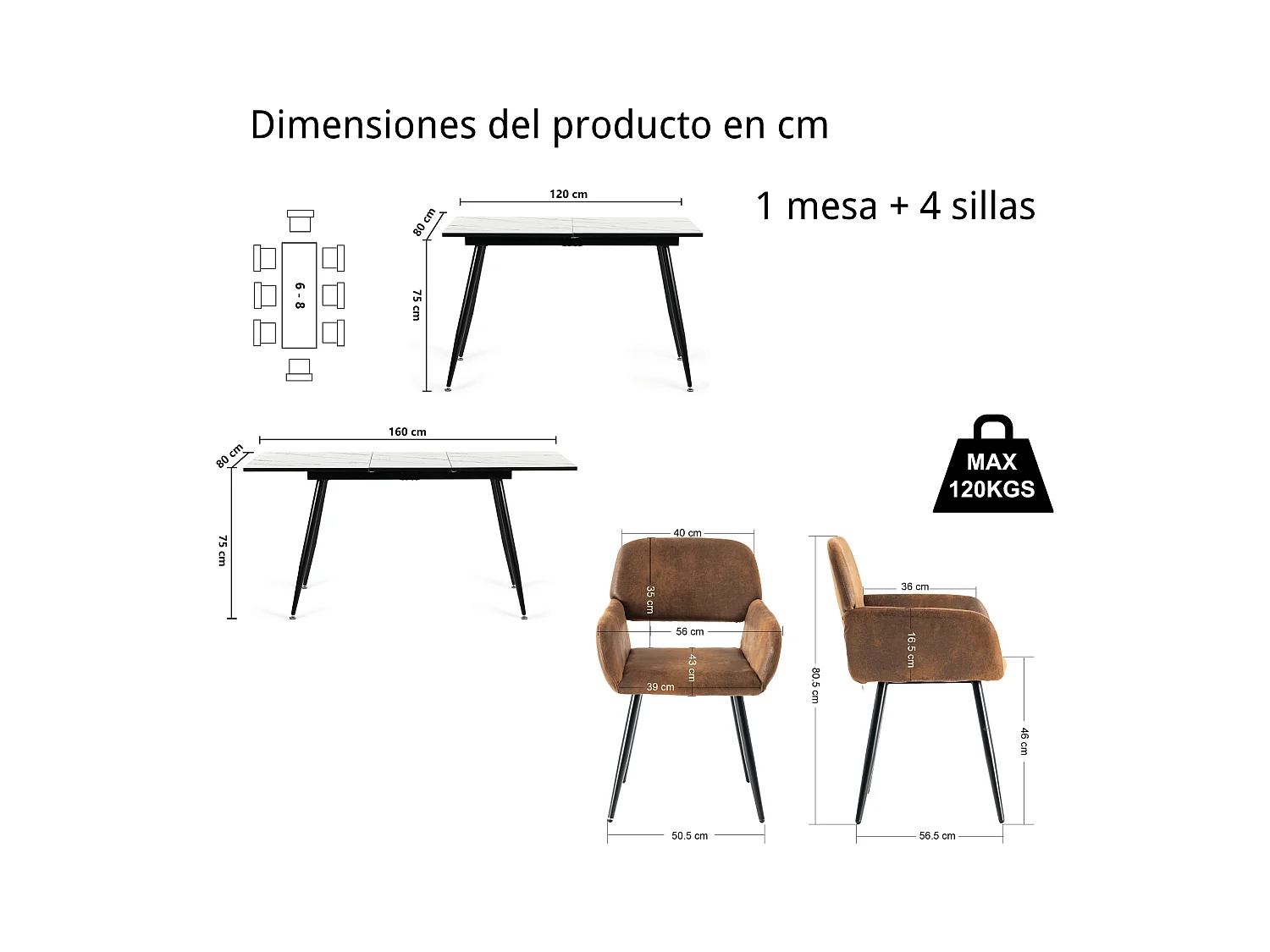 URBAN MEUBLE Ensemble table marbre blanc extensible et 4 chaises suède brun avec accoudoirs