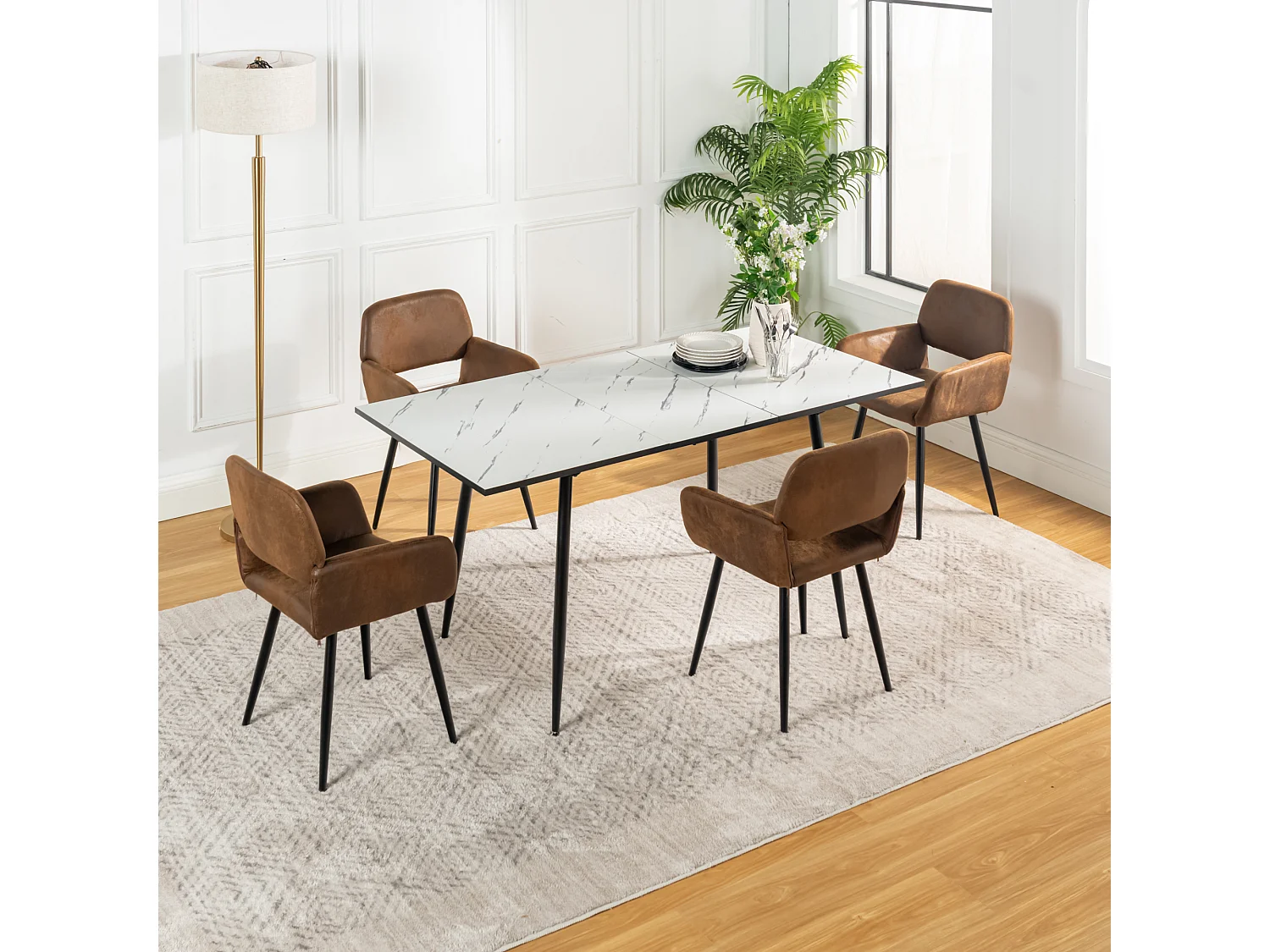 URBAN MEUBLE Ensemble table marbre blanc extensible et 4 chaises suède brun avec accoudoirs