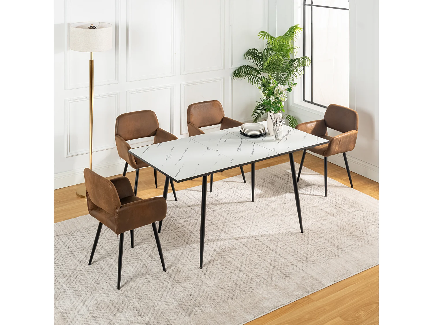URBAN MEUBLE Ensemble table marbre blanc extensible et 4 chaises suède brun avec accoudoirs