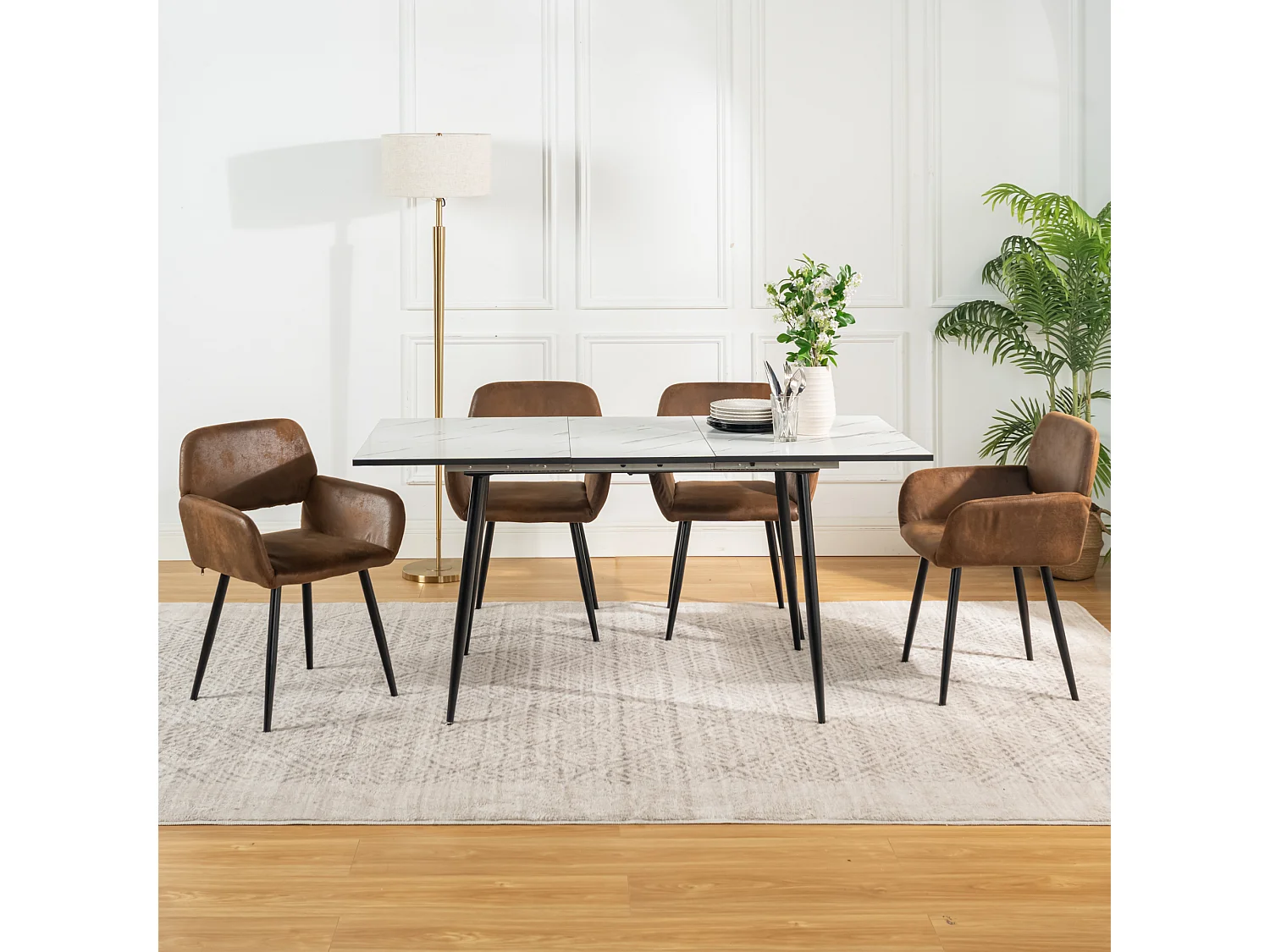 URBAN MEUBLE Ensemble table marbre blanc extensible et 4 chaises suède brun avec accoudoirs