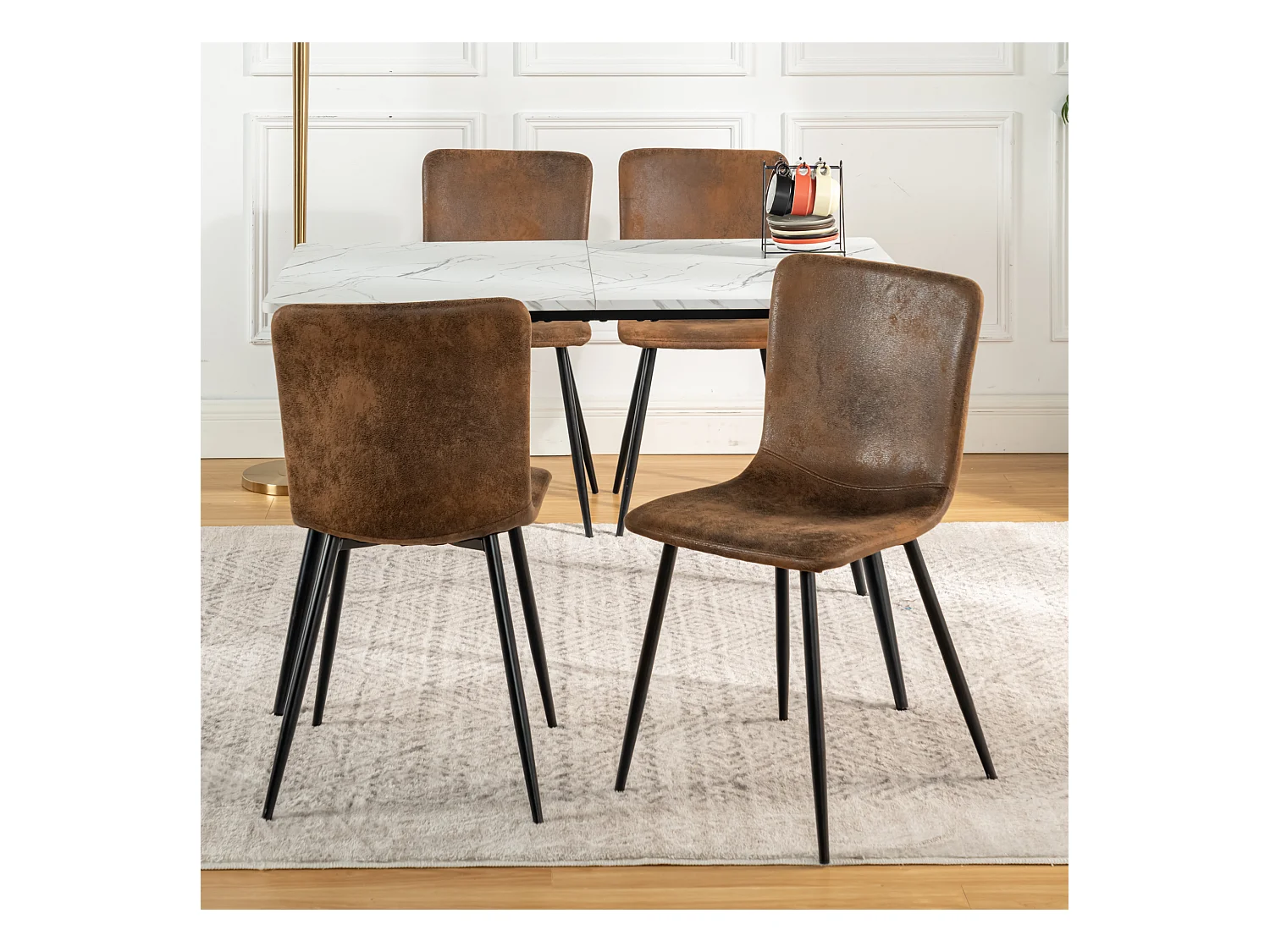 URBAN MEUBLE Ensemble table effet marbre blanc et 4 chaises suède brun