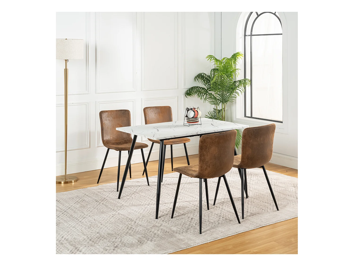 URBAN MEUBLE Ensemble table effet marbre blanc et 4 chaises suède brun