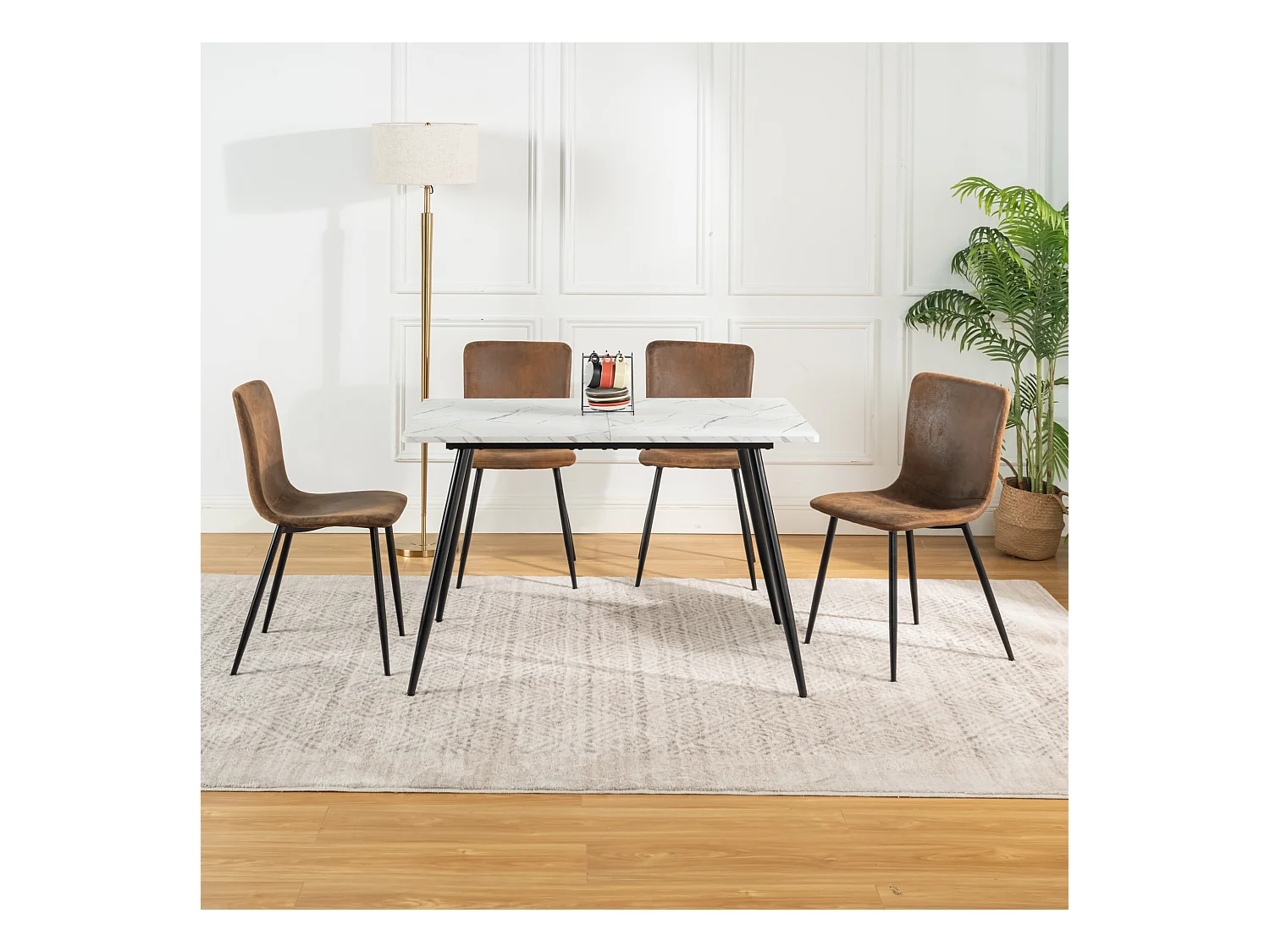 URBAN MEUBLE Ensemble table effet marbre blanc et 4 chaises suède brun