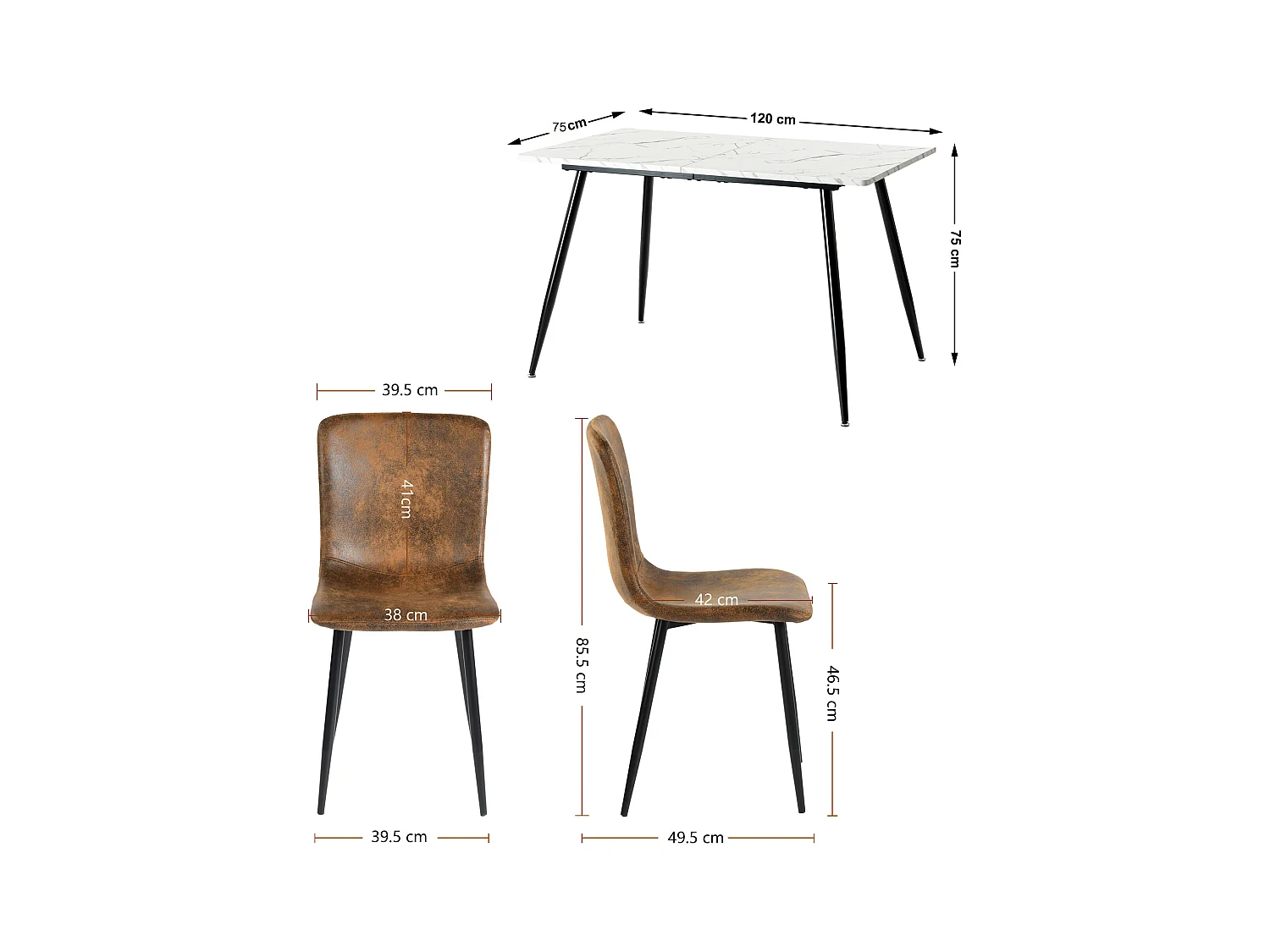 URBAN MEUBLE Ensemble table effet marbre blanc et 4 chaises suède brun