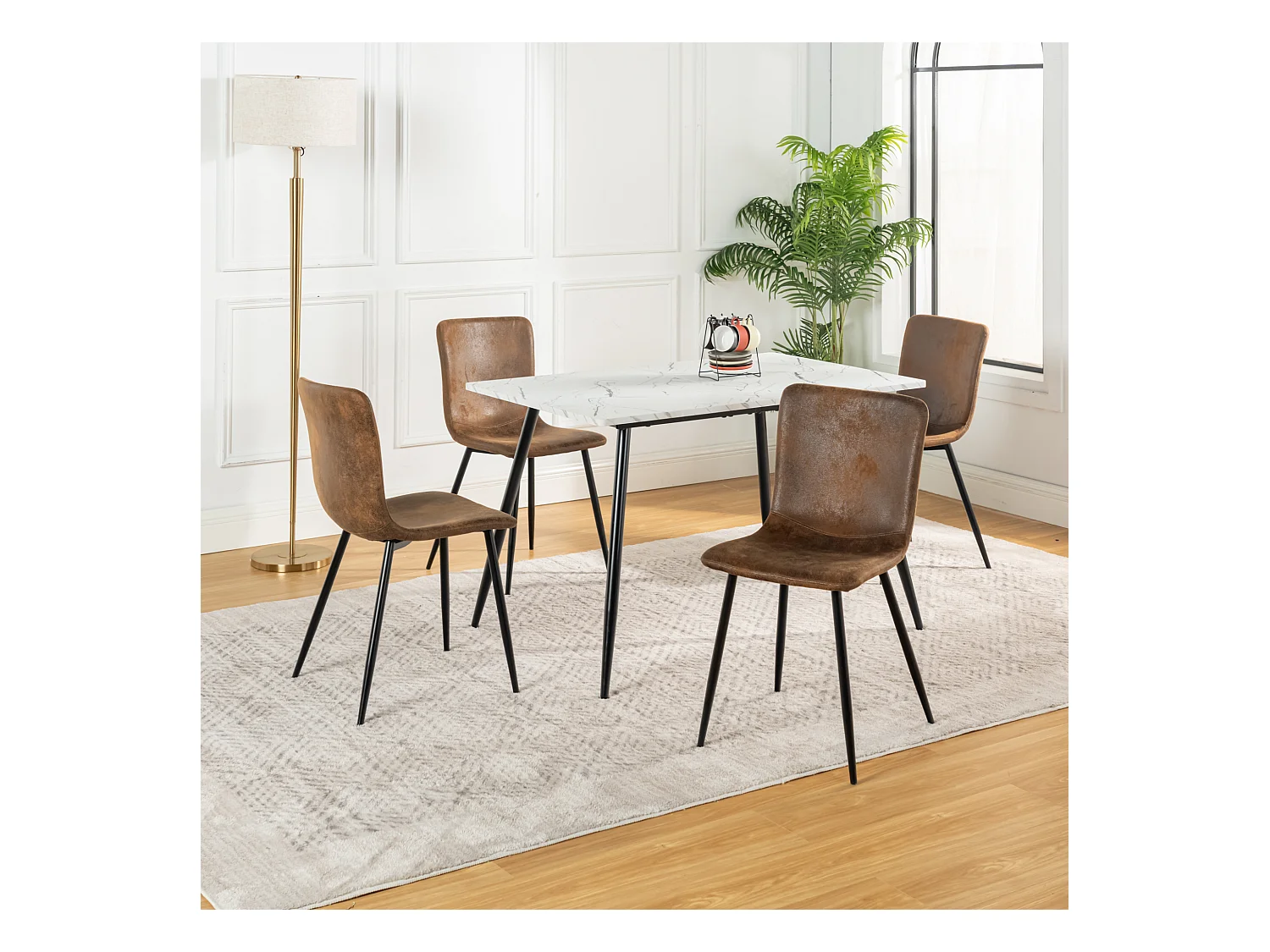 URBAN MEUBLE Ensemble table effet marbre blanc et 4 chaises suède brun