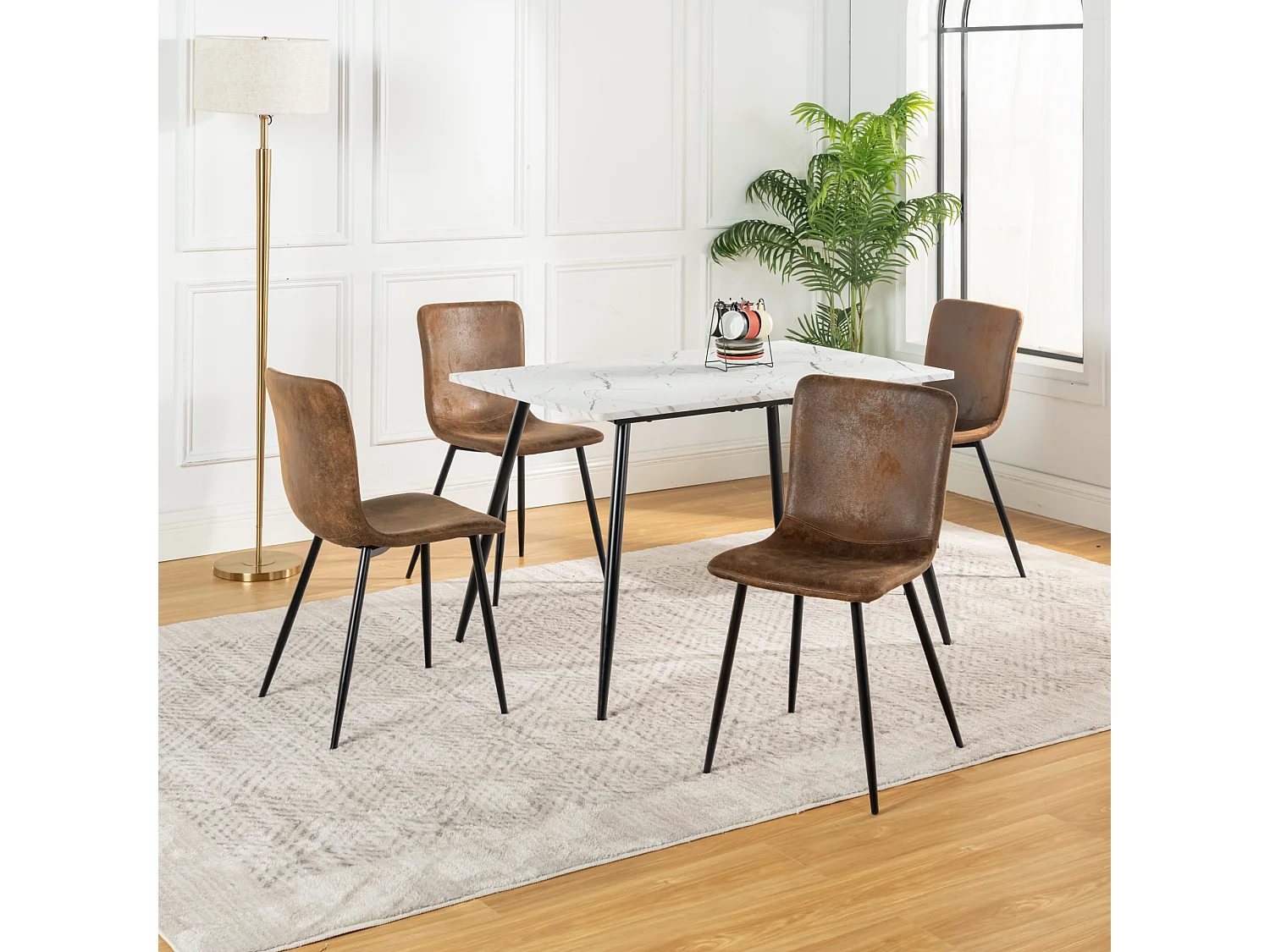 URBAN MEUBLE Ensemble table effet marbre blanc et 4 chaises suède brun