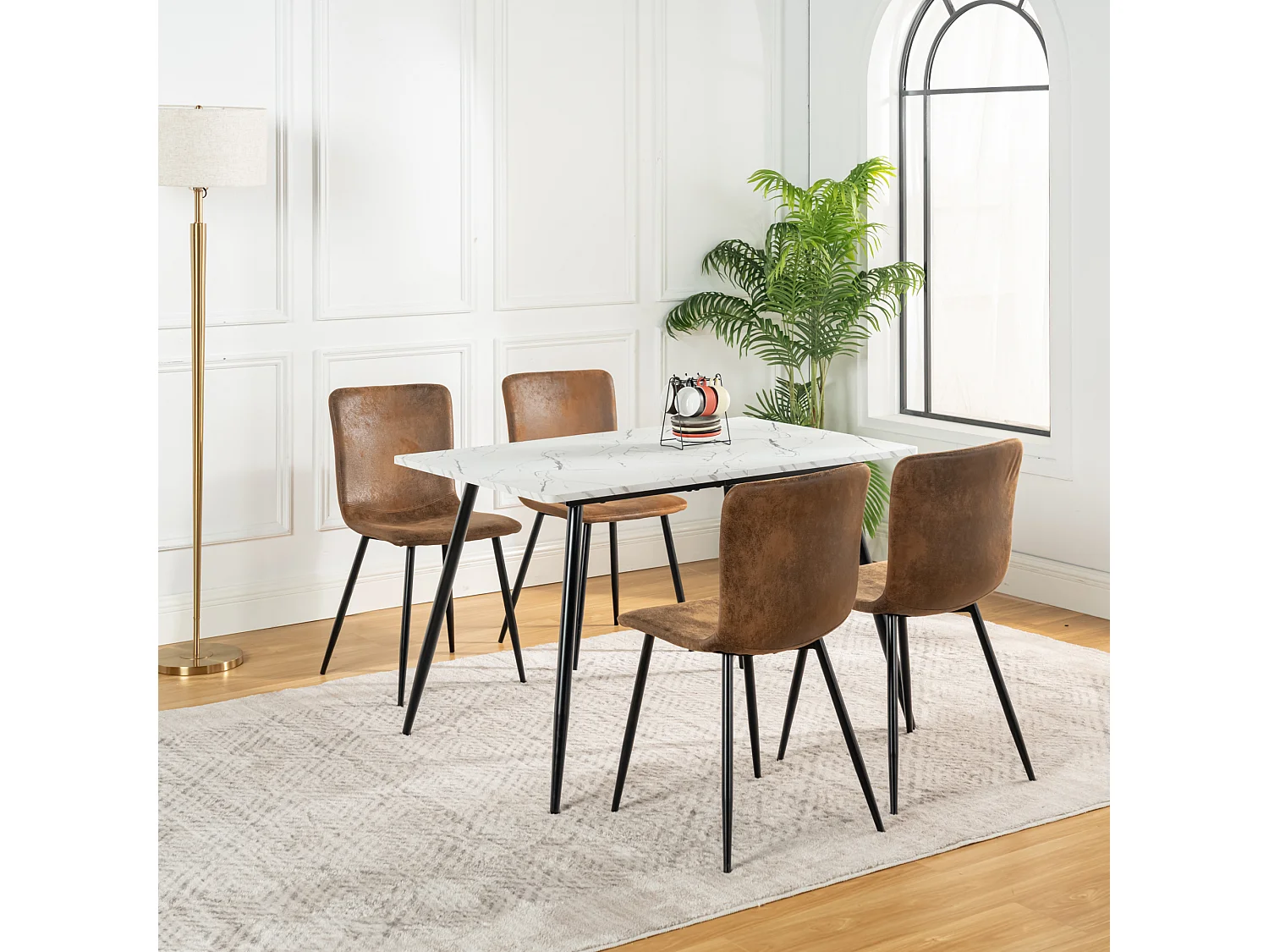URBAN MEUBLE Ensemble table effet marbre blanc et 4 chaises suède brun