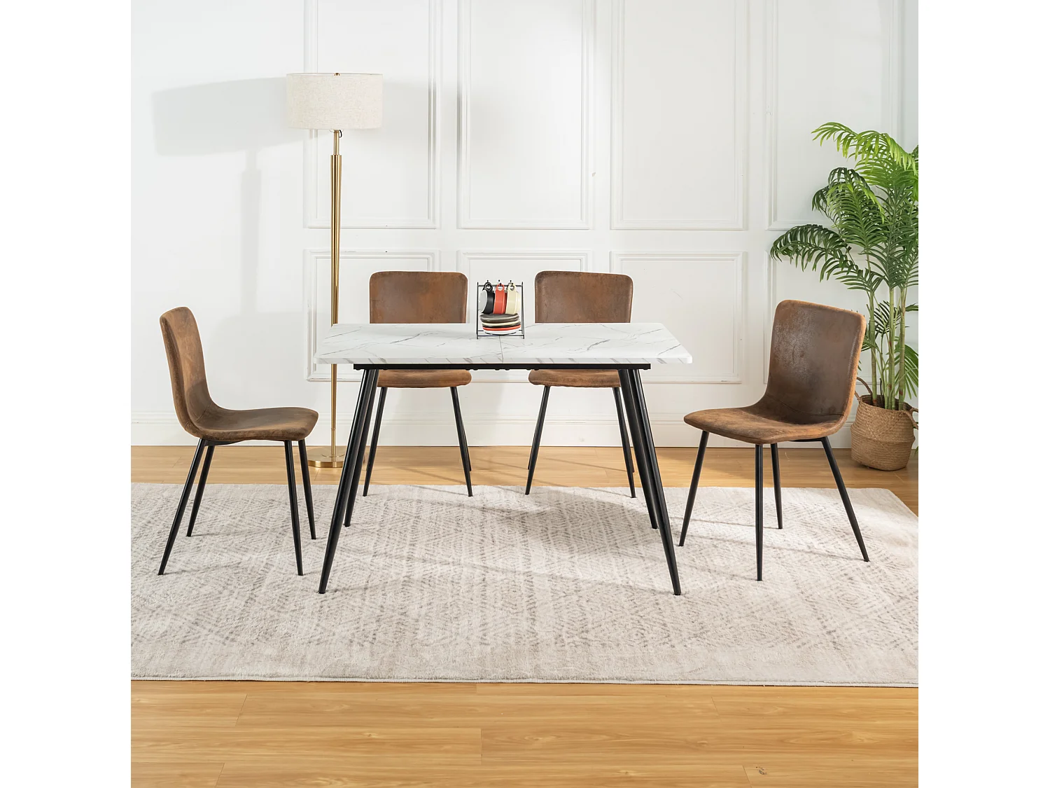 URBAN MEUBLE Ensemble table effet marbre blanc et 4 chaises suède brun