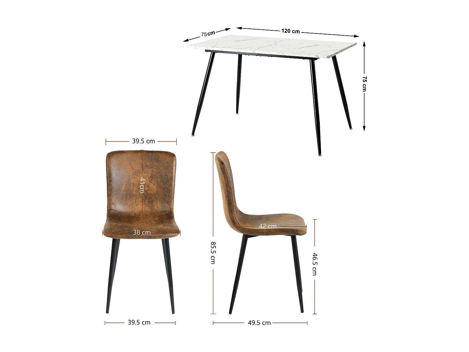 URBAN MEUBLE Ensemble table effet marbre blanc et 4 chaises suède brun