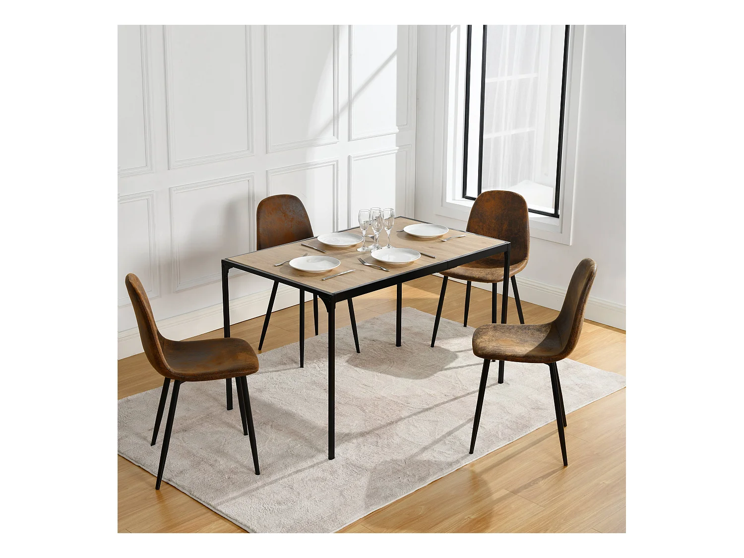 URBAN MEUBLE Ensemble table à manger chêne clair et 4 chaises suède brun