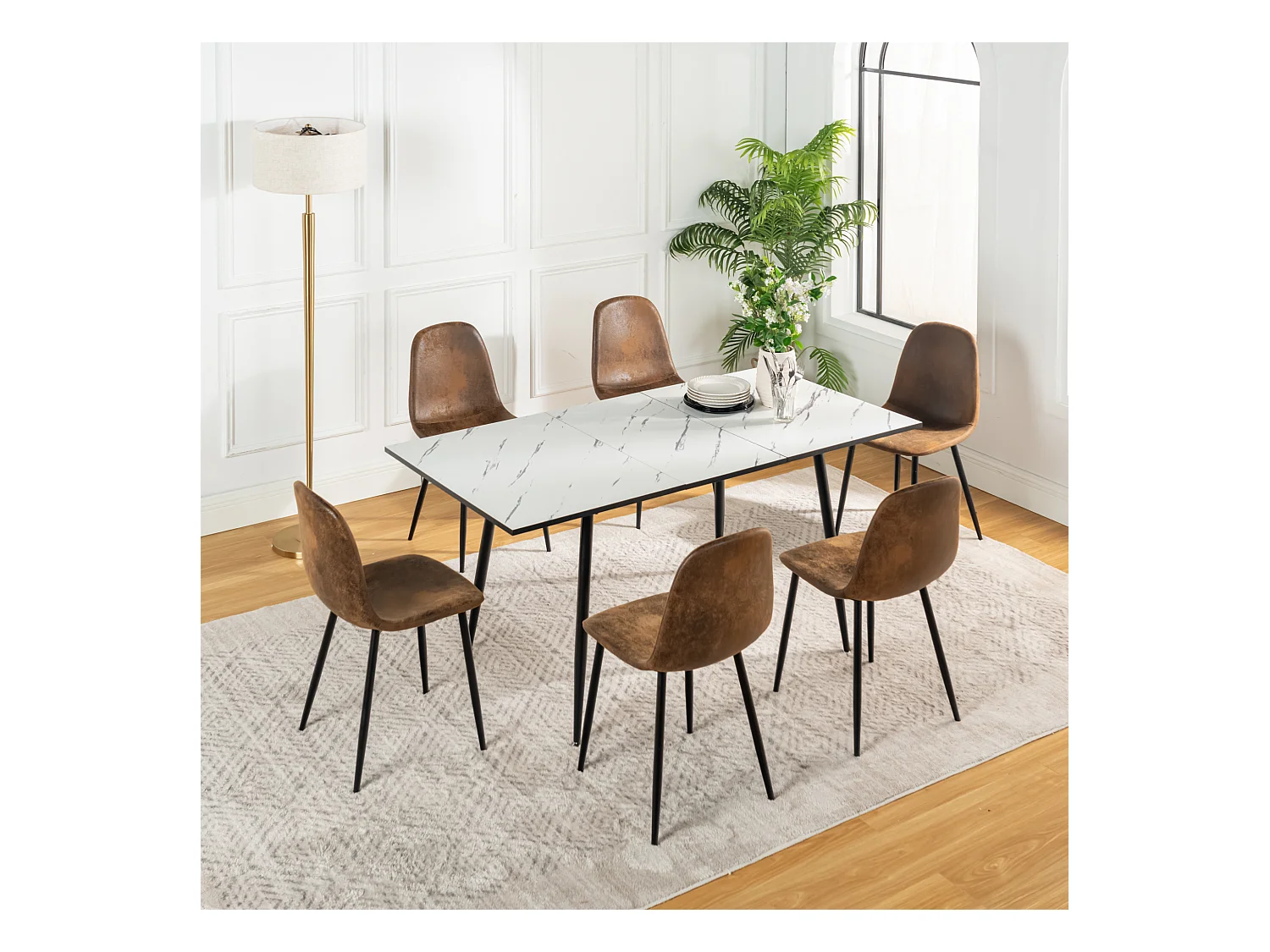URBAN MEUBLE Ensemble table extensible marbre blanc et 6 chaises suède brun