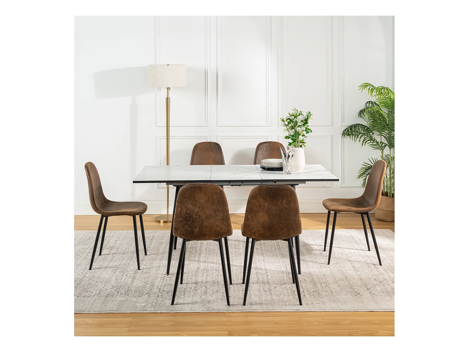 URBAN MEUBLE Ensemble table extensible marbre blanc et 6 chaises suède brun