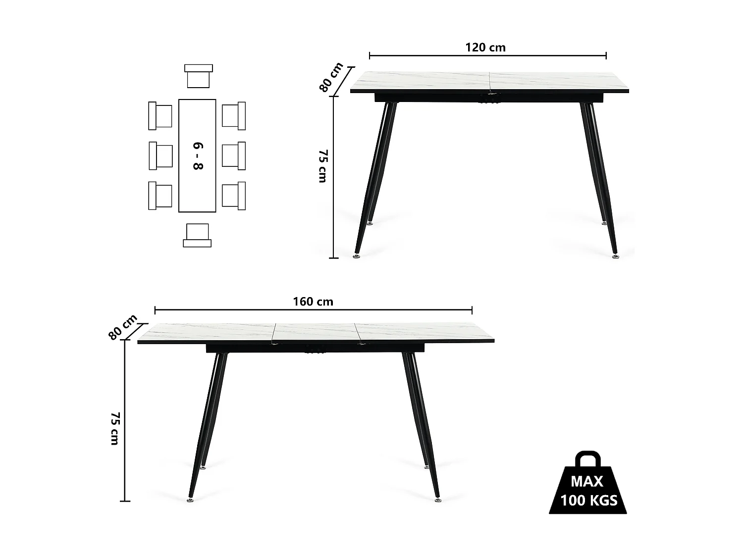 URBAN MEUBLE Ensemble table extensible marbre blanc et 6 chaises suède brun