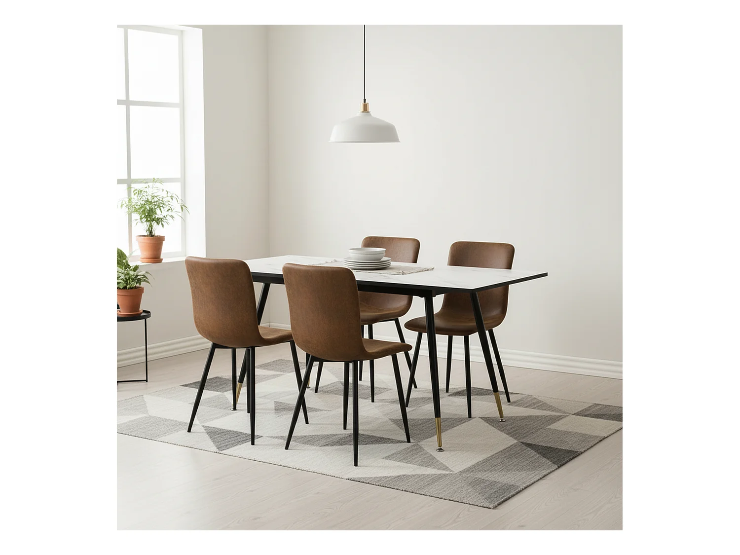 URBAN MEUBLE Ensemble table extensible effet marbre blanc et 4 chaises vintage marron