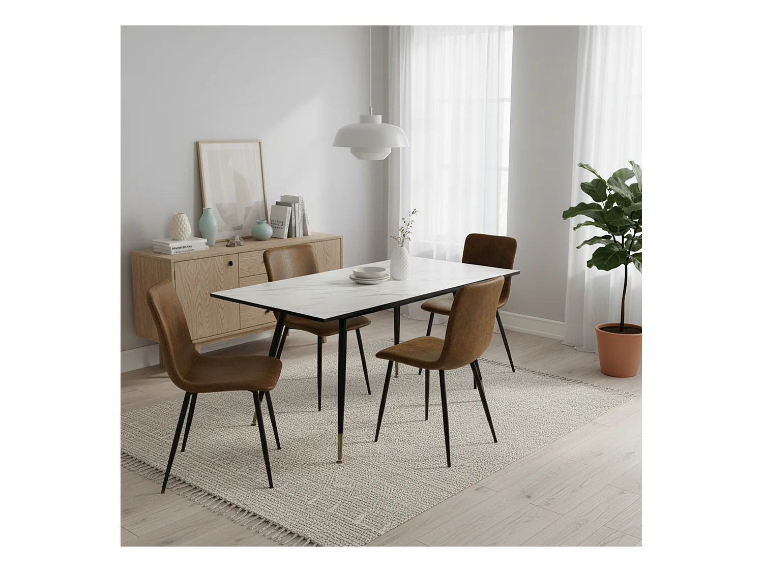 URBAN MEUBLE Ensemble table extensible effet marbre blanc et 4 chaises vintage marron