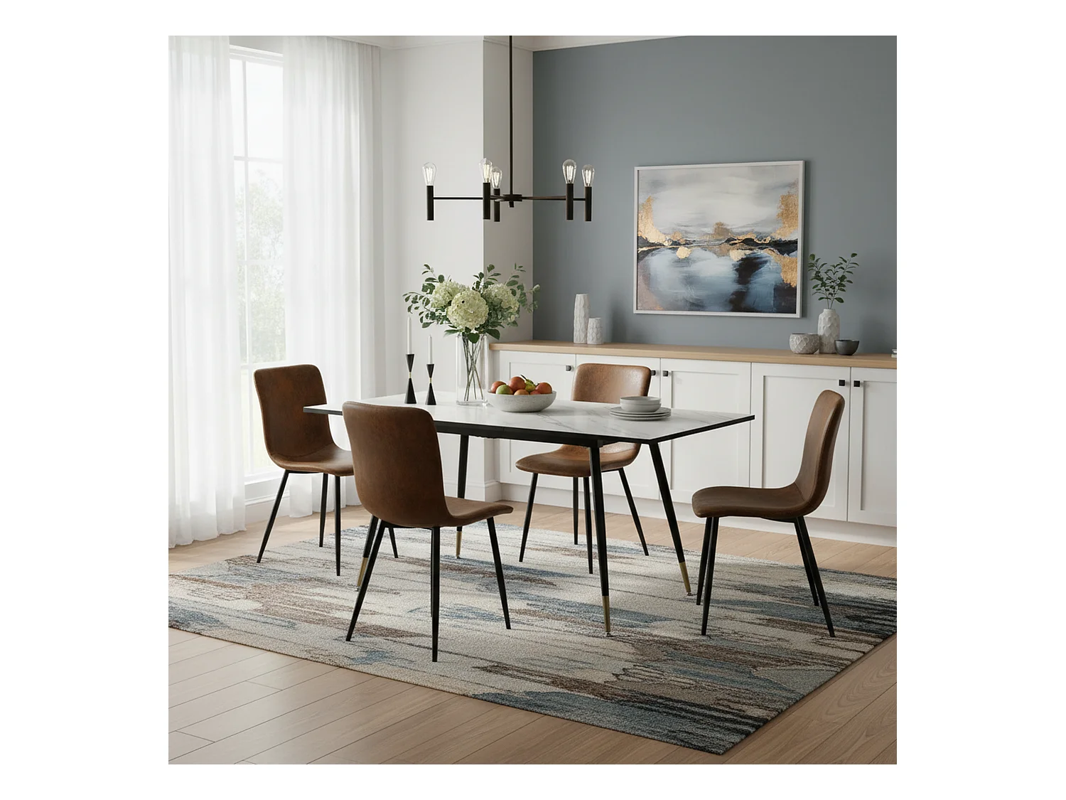 URBAN MEUBLE Ensemble table extensible effet marbre blanc et 4 chaises vintage marron