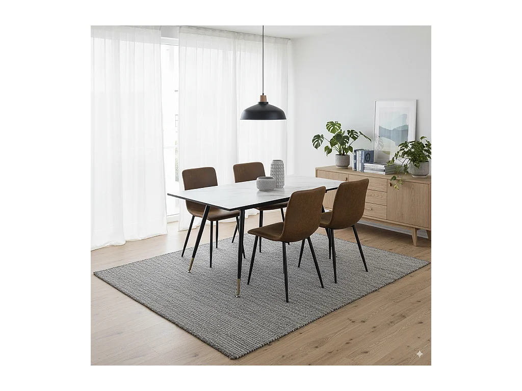 URBAN MEUBLE Ensemble table extensible effet marbre blanc et 4 chaises vintage marron