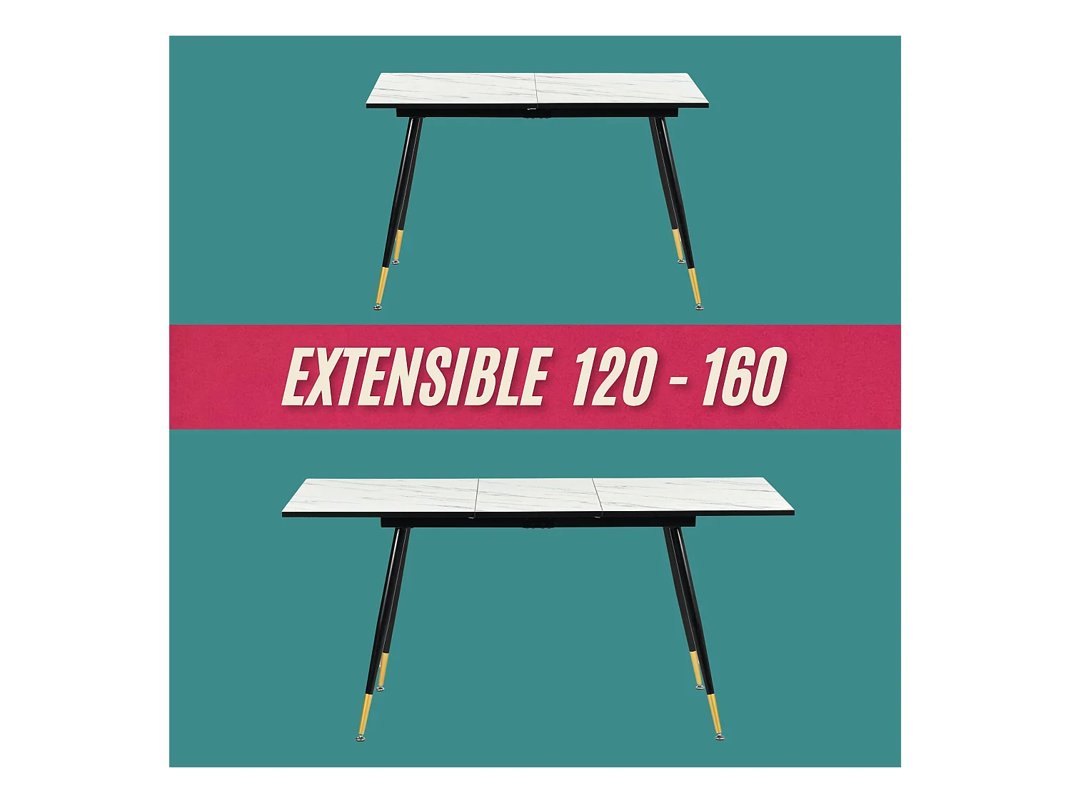 URBAN MEUBLE Ensemble table extensible effet marbre blanc et 4 chaises vintage marron