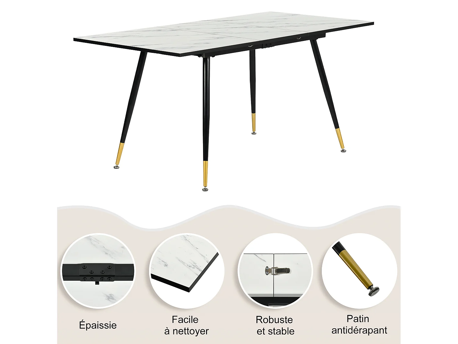 URBAN MEUBLE Ensemble table extensible effet marbre blanc et 4 chaises vintage marron