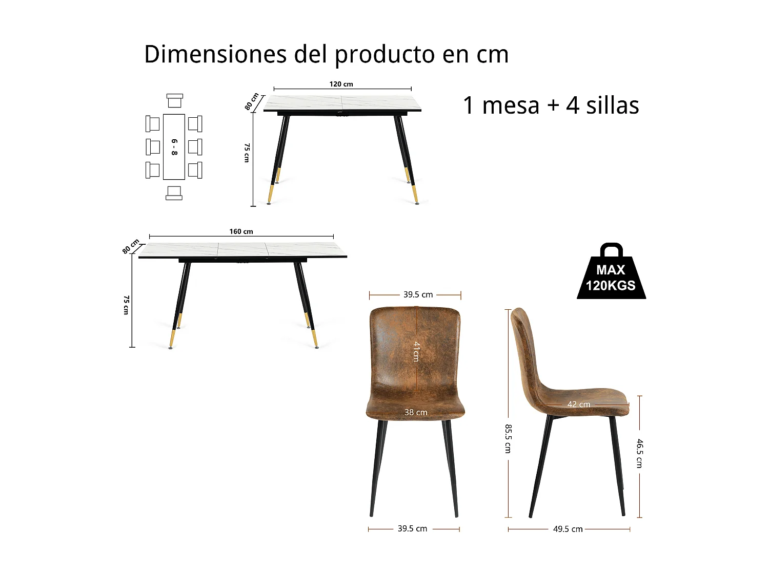 URBAN MEUBLE Ensemble table extensible effet marbre blanc et 4 chaises vintage marron