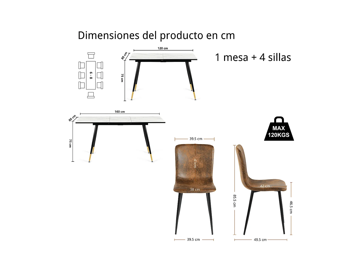 URBAN MEUBLE Ensemble table extensible effet marbre blanc et 4 chaises vintage marron