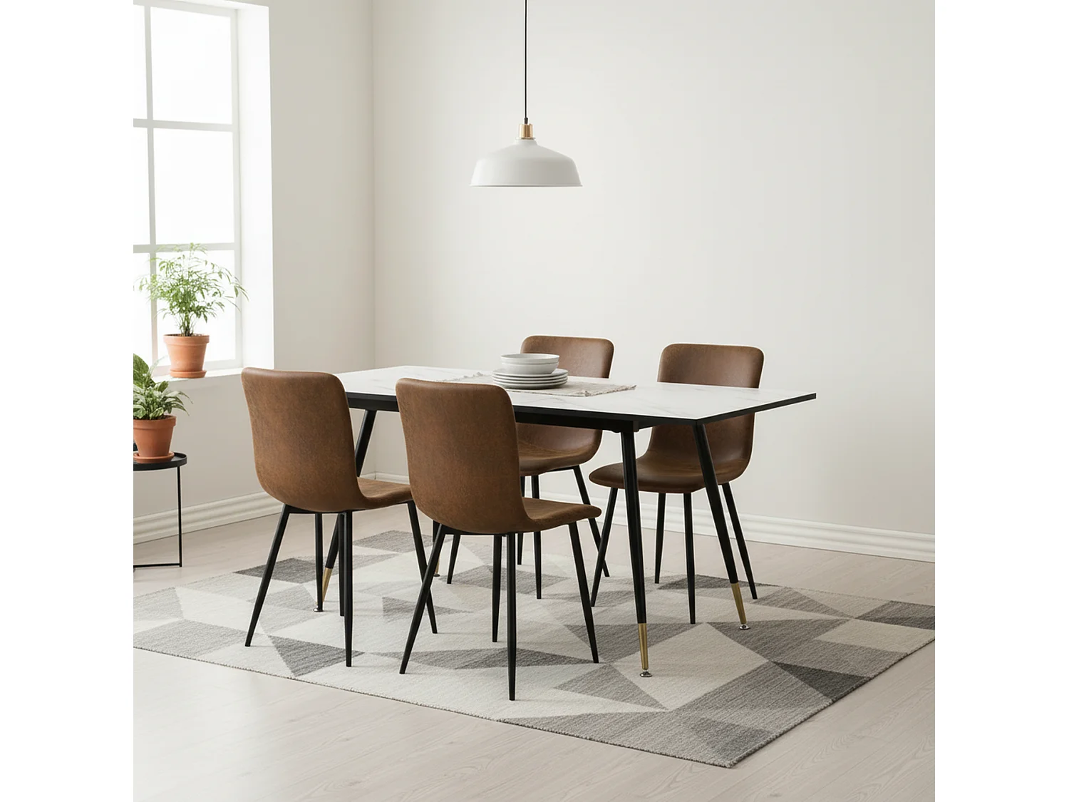 URBAN MEUBLE Ensemble table extensible effet marbre blanc et 4 chaises vintage marron