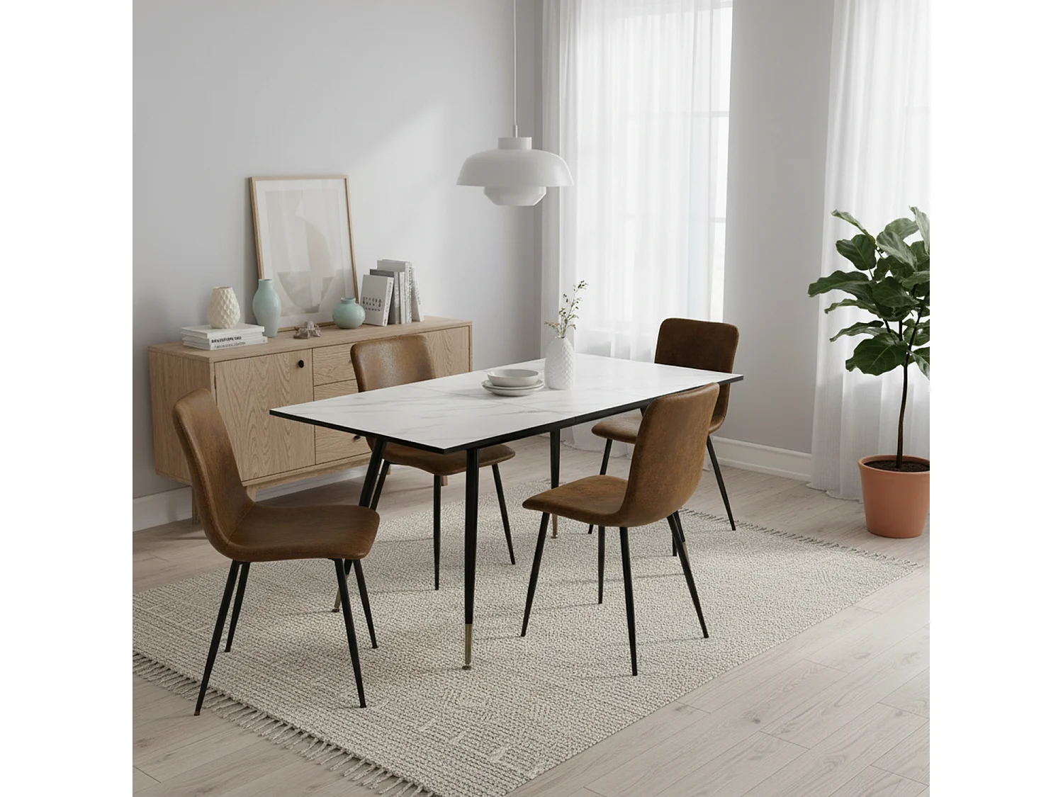 URBAN MEUBLE Ensemble table extensible effet marbre blanc et 4 chaises vintage marron