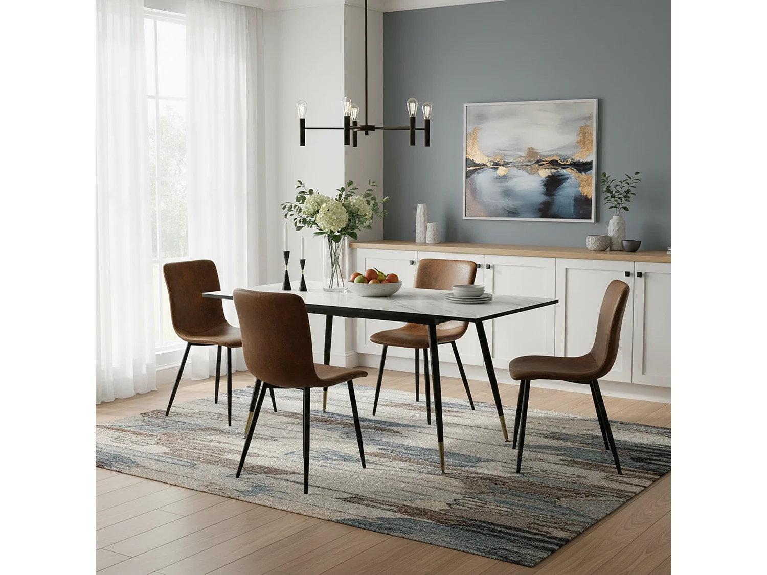 URBAN MEUBLE Ensemble table extensible effet marbre blanc et 4 chaises vintage marron