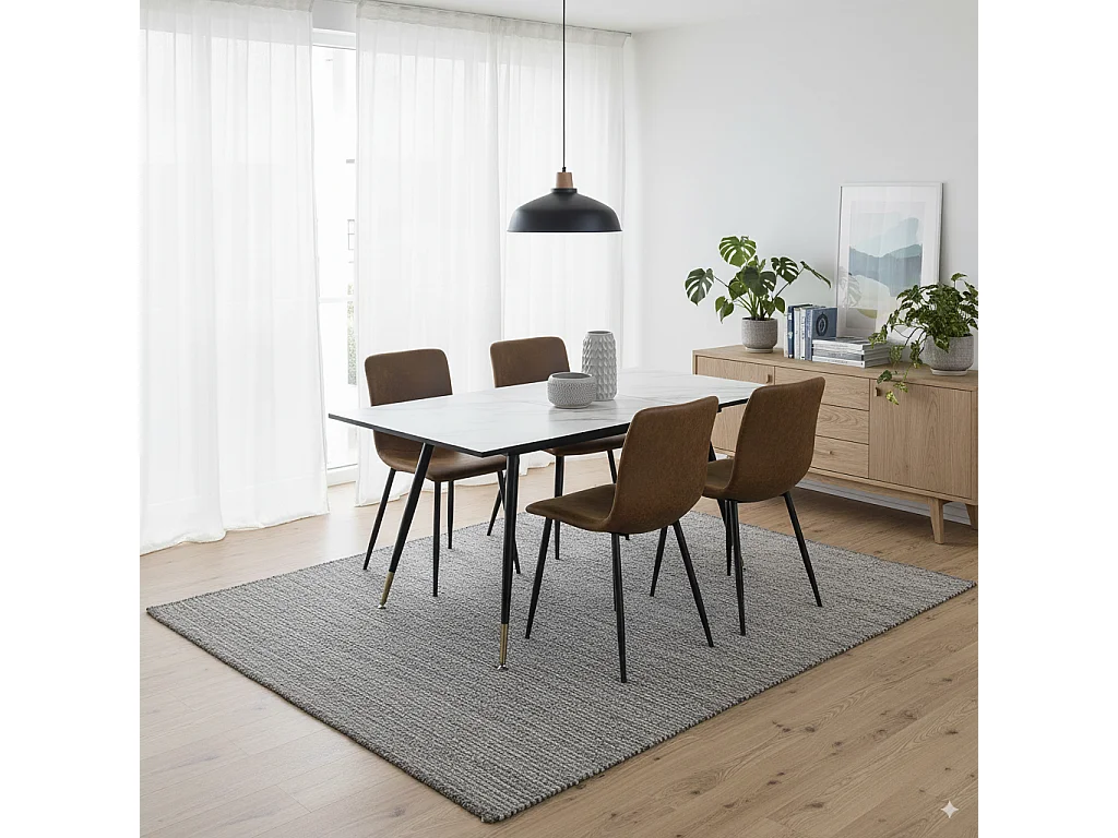 URBAN MEUBLE Ensemble table extensible effet marbre blanc et 4 chaises vintage marron