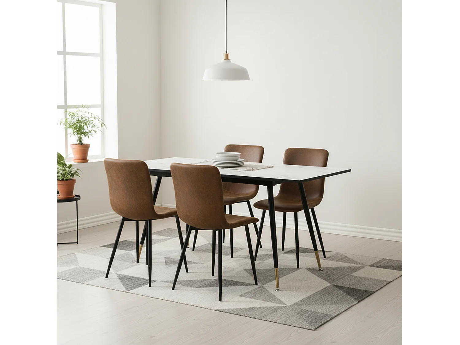 URBAN MEUBLE Ensemble table extensible effet marbre blanc et 4 chaises vintage marron