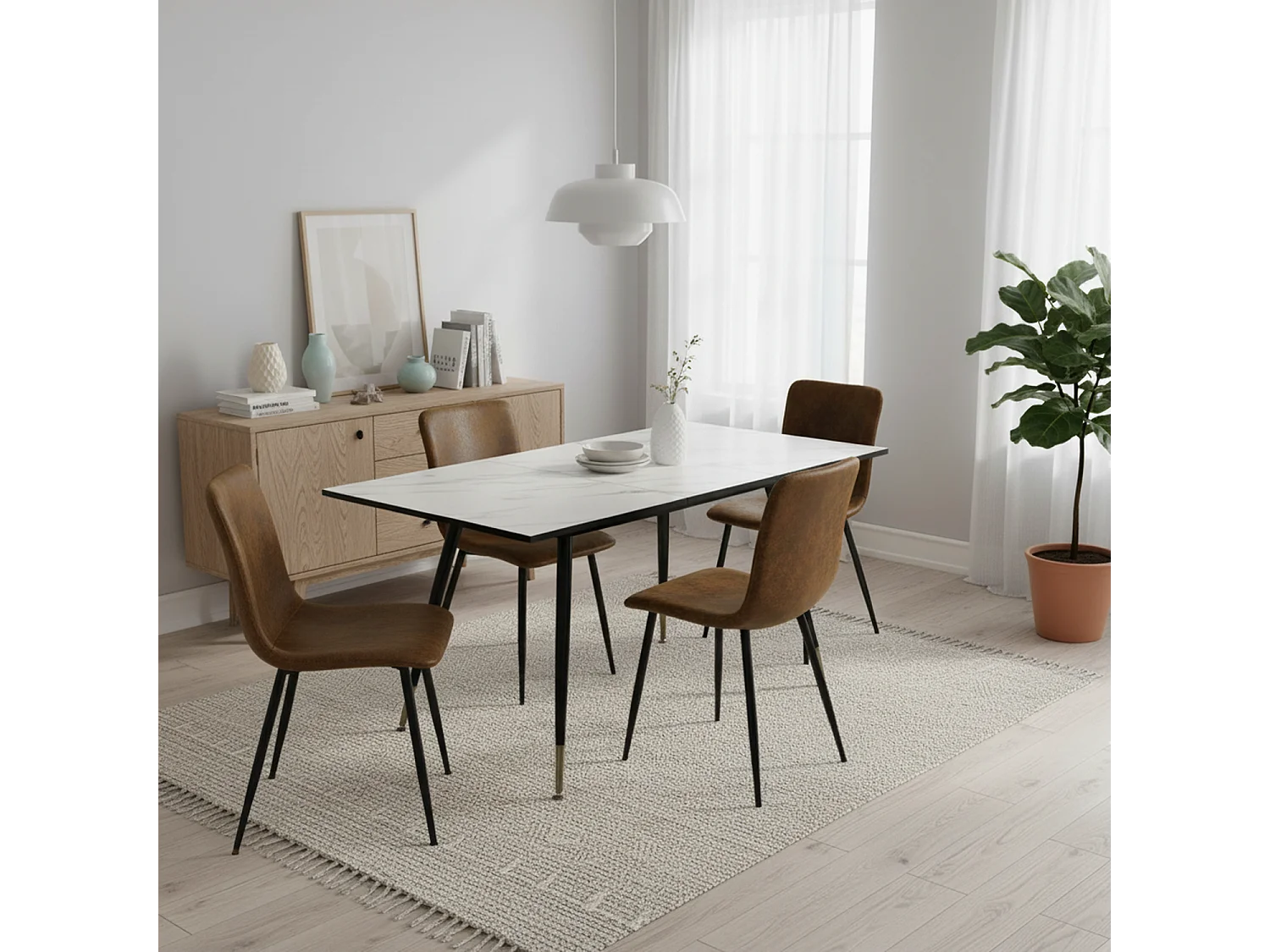 URBAN MEUBLE Ensemble table extensible effet marbre blanc et 4 chaises vintage marron