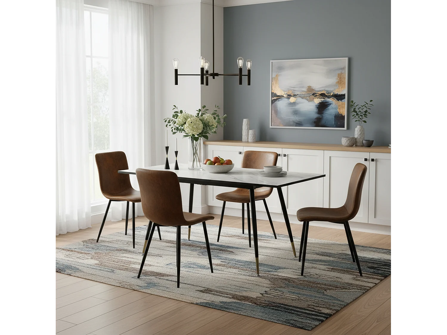 URBAN MEUBLE Ensemble table extensible effet marbre blanc et 4 chaises vintage marron