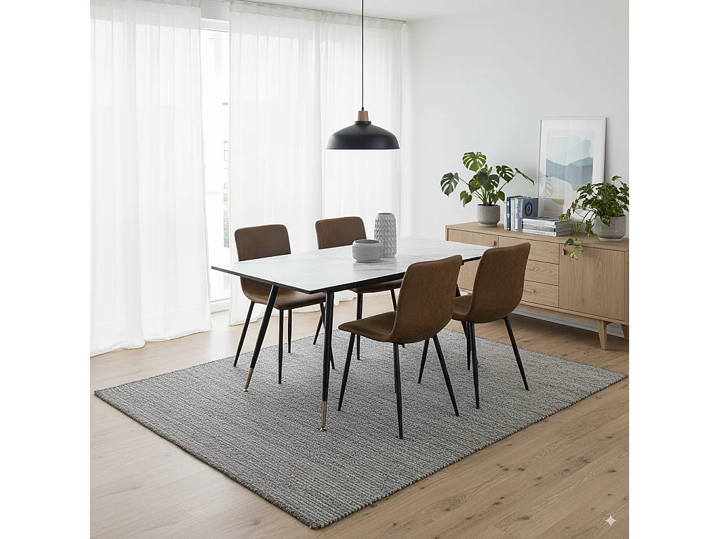 URBAN MEUBLE Ensemble table extensible effet marbre blanc et 4 chaises vintage marron