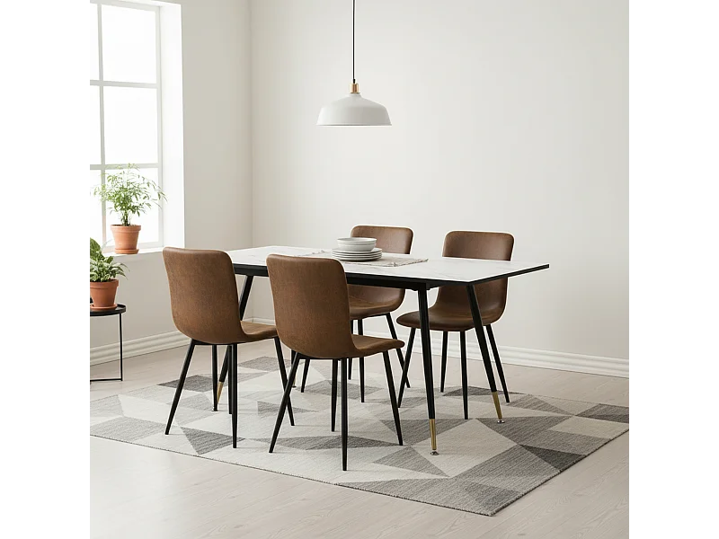 URBAN MEUBLE Ensemble table extensible effet marbre blanc et 4 chaises vintage marron