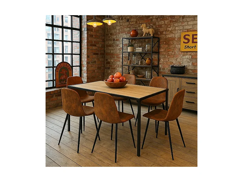 URBAN MEUBLE Ensemble table à manger bois clair et 6 chaises suède brun
