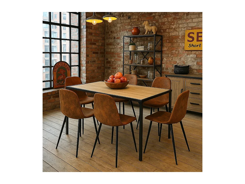 URBAN MEUBLE Ensemble table à manger bois clair et 6 chaises suède brun