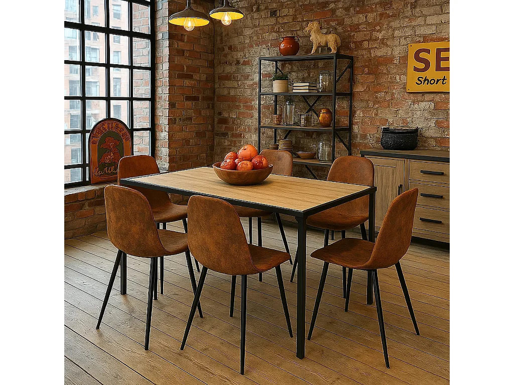 URBAN MEUBLE Ensemble table à manger bois clair et 6 chaises suède brun