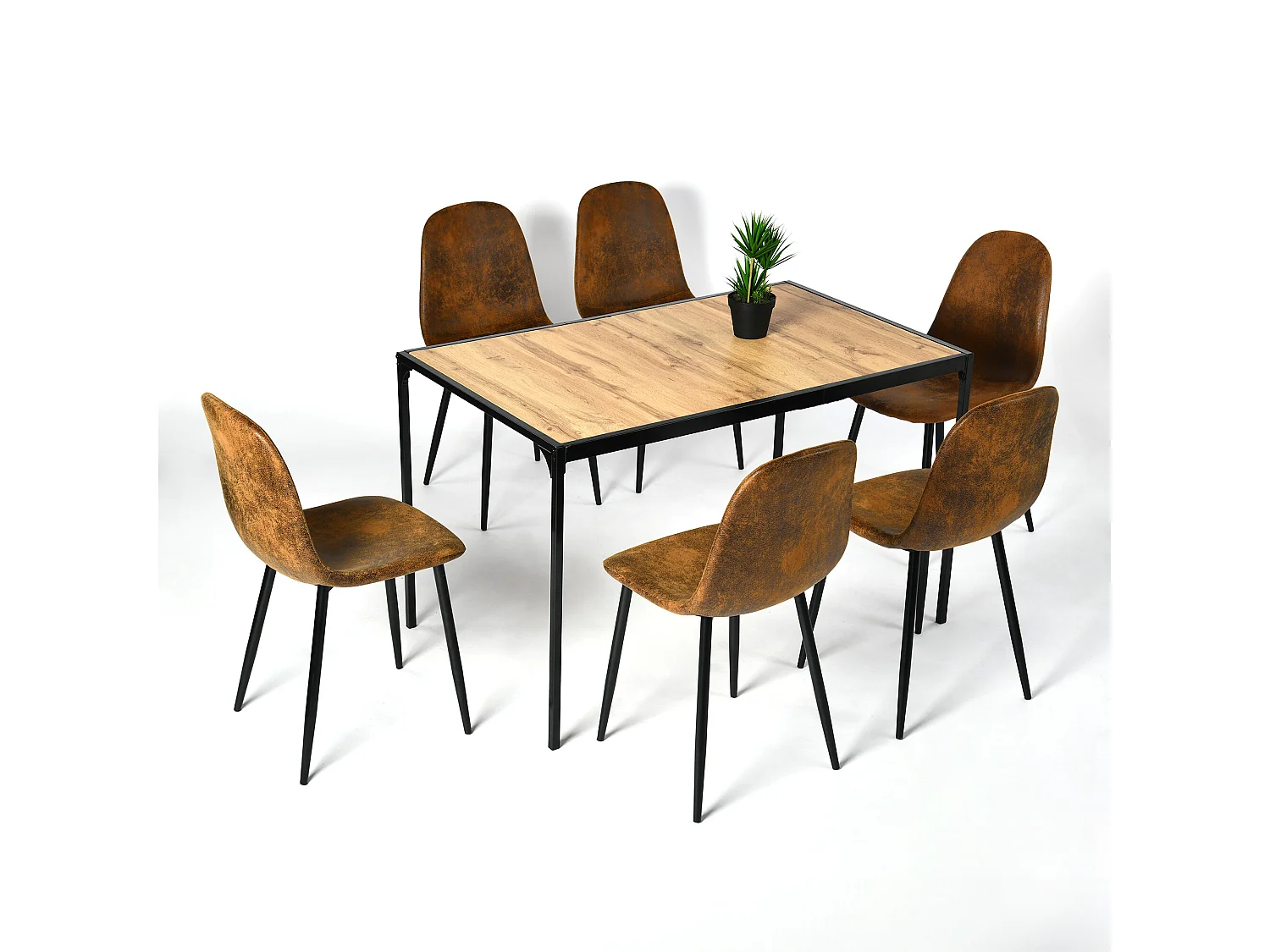 URBAN MEUBLE Ensemble table à manger bois clair et 6 chaises suède brun